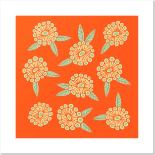 WARM AND SUNNY Boho Retro Bright Floral Botanical Coral Orange Mint Green Cream - UnBlink Studio by Jackie Tahara Posters and Art